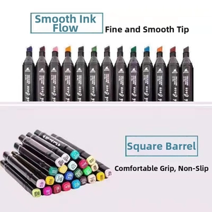 Detailed macro view of dual-tip alcohol markers with square barrels and color-coded caps