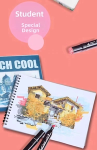 Dual-tip alcohol markers showing fine and chisel nibs with architectural hand-drawn art