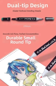 Dual tip markers detail showing broad and fine nibs with 155mm length specifications