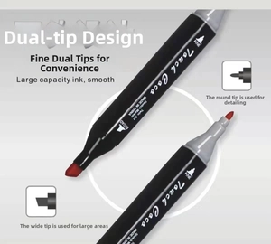 Detail of red dual-tip marker showing fine round nib and broad chisel tip features