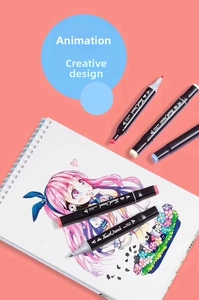 Dual-tip art markers showing vibrant color application on a manga drawing layout