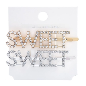 Detailed close-up of SWEET letter hair pins with sparkling rhinestones in gold and silver