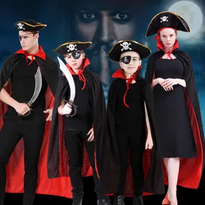 Halloween pirate costume set with red and black stand collar cloak for adults and children