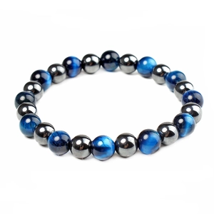 Blue Tiger Eye and Hematite 12mm beaded health bracelet for men and women on white background