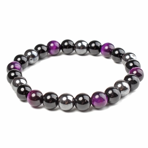 Detailed view of 12mm purple tiger eye and dark grey magnetic beads on a health bracelet