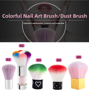 Set of five colorful nail dust brushes with various handle designs and synthetic bristles