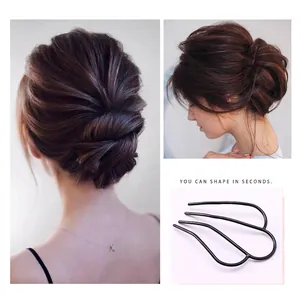 Black U-shaped hair fork tool for DIY bun styling showing elegant French twist results