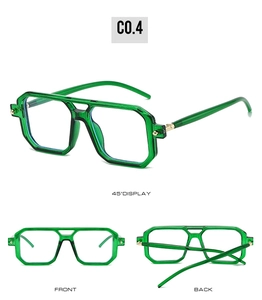 Three-way view of green transparent square frame glasses with a double bridge retro design