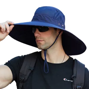 Men's waterproof sun hat with wide brim, breathable mesh and adjustable windproof rope