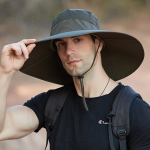 Waterproof olive green sun hat with wide brim, breathable mesh, and adjustable chin strap