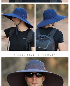 Detail of waterproof sun hat for men featuring wide brim and mesh vents in navy blue