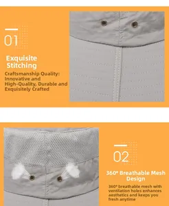 Detail of gray sun hat with 360-degree breathable mesh and reinforced multi-row stitching
