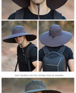 Detail of waterproof outdoor sun hat featuring breathable mesh vents and wide brim design