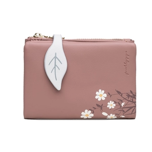 Pink PU leather bifold wallet for women with white daisy print and leaf zipper pull
