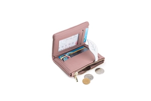 Detailed interior of rose pink bifold wallet with card slots and a zipper coin pocket