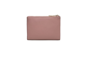 Detailed view of pink PU leather short wallet featuring a premium gold zipper closure