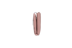 Side view of soft pink leather wallet with daisy print showing stitching and slim profile