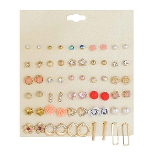 Detailed display of 30 pairs alloy stud earring set with rhinestones and floral designs