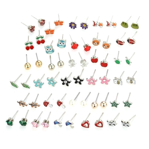 Set of 30 pairs mixed animal and flower stud earrings featuring foxes, frogs and mushrooms
