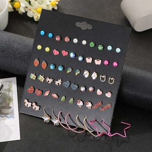Close-up of 30 pairs alloy stud earrings set with rhinestones and multi-shape designs