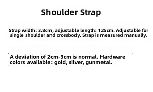 Bag strap specifications showing 3.8cm width and adjustable 125cm length with hardware colors