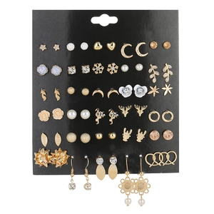 Detailed view of 36 pairs of gold alloy earrings with pearls and rhinestones on card