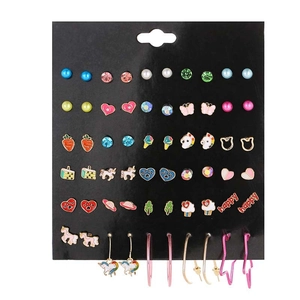 Detailed set of varied alloy stud earrings featuring hearts, animals, and fruits