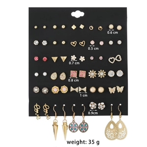 Detailed view of 30-pair fashion stud earring set card with various sizes and weights