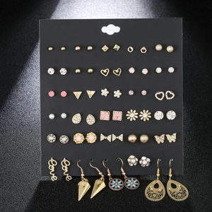 Detailed macro view of mixed alloy stud earring set with rhinestones and faux pearls