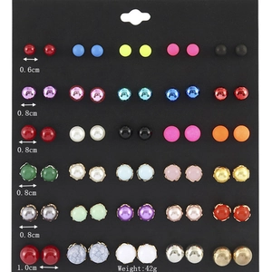 Detailed view of 30 pairs stud earrings set in various colors with size and weight specs