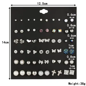 Detailed size chart for 30-pair alloy stud earring set with dimensions and weights