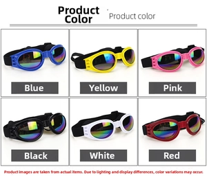 Detail showing foldable dog goggles in six vibrant colors with adjustable straps
