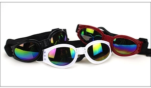 Three colors of foldable pet sunglasses with UV protection and plastic frames