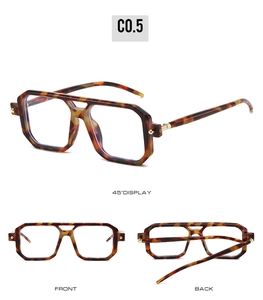 Detailed views of geometric tortoise shell square frames with double bridge structure