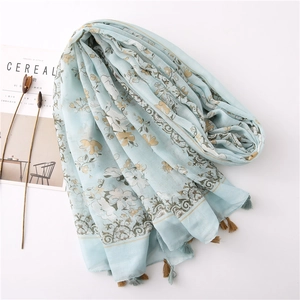 Light blue floral cotton linen scarf with tassels, elegant spring beach sun shawl