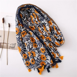 Bohemian floral cotton linen scarf with orange flower print and blue tassels