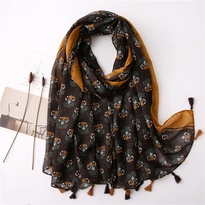 Vintage Floral Print Scarf Shawl For Women Retro Bohemian Ethnic Tassels Lightweight Breathable Cotton Linen Feel Balinese Yarn Wrap