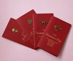 Detail of red vintage greeting cards with antique bronze charms and gold foil text