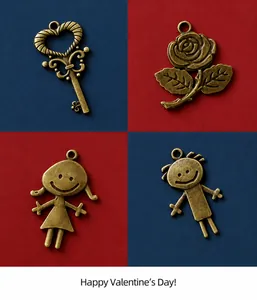 Detailed view of vintage bronze pendants featuring heart key and rose for gift cards
