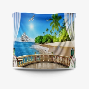 Detailed view of bohemian wall tapestry featuring a tropical seascape and sailboat window view