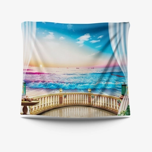 Detailed texture of bohemian seaside balcony tapestry with soft white curtains and ocean view
