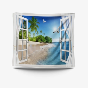 Detail of 3D sea view tapestry with white window frame and beach palm trees