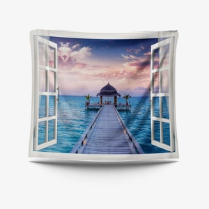 Detail of 3D tapestry featuring ocean view window, tropical pavilion, and fabric texture