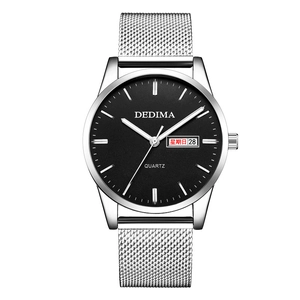 Men's business quartz watch with black dial, silver mesh band, and day-date display window