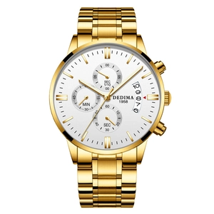 Montre chronographe homme en acier inoxydable doré avec cadran blanc et sous-cadrans