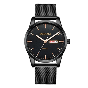 Men's quartz watch with black mesh strap, rose gold markers and dual calendar display