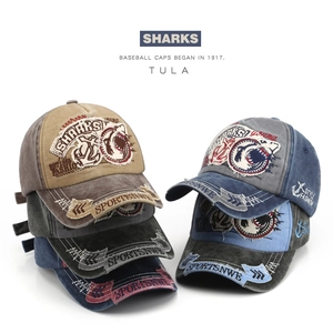 Vintage Washed Cotton Baseball Cap Shark Embroidery Distressed Patchwork Unisex Streetwear Adjustable Sun Hat