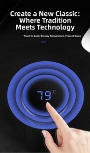 Close-up of smart vacuum flask lid showing LED touch display with 79°C water temperature
