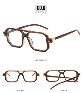 Three views of amber geometric glasses frames with double bridge and clear lenses