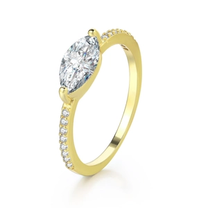 Detail of 14k gold plated ring featuring marquise-cut zircon and pavé side stones